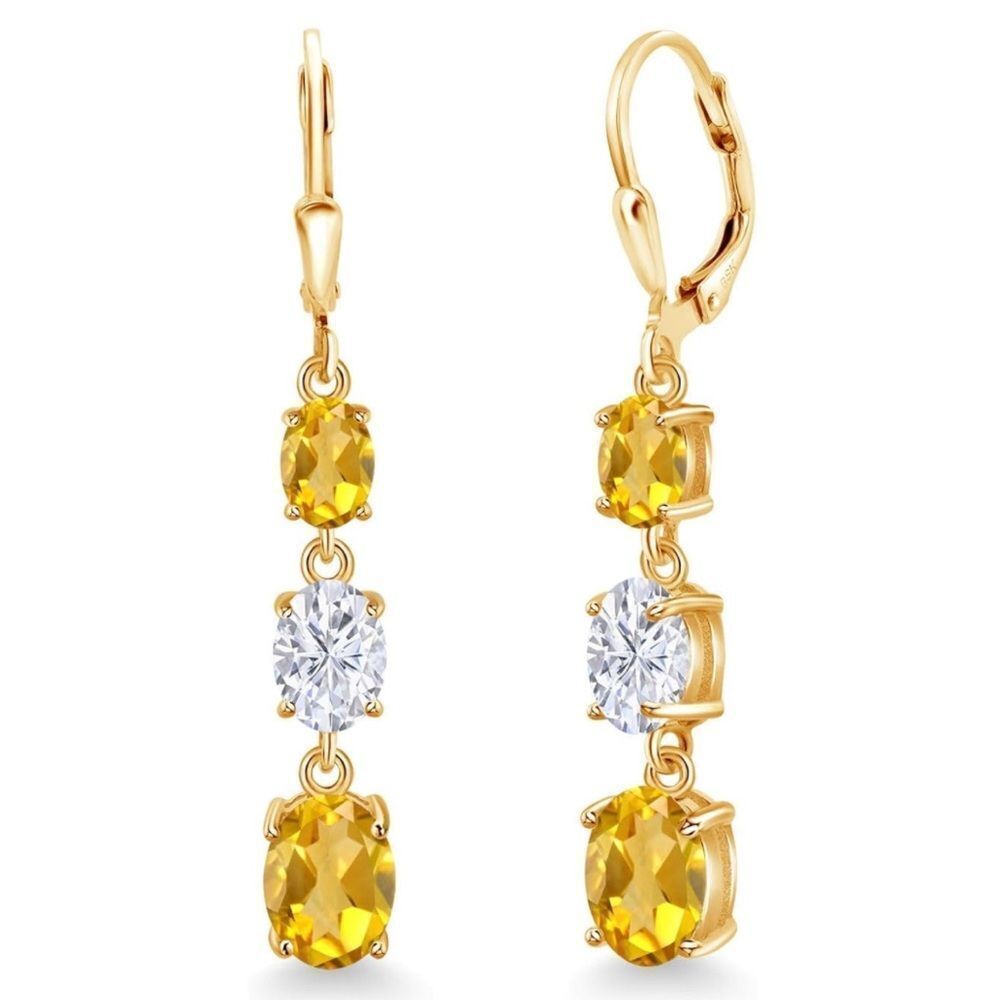 18K Yellow Gold with 5.30Cttw 3 Stone Citrine and White Moissanite Drop Earrings